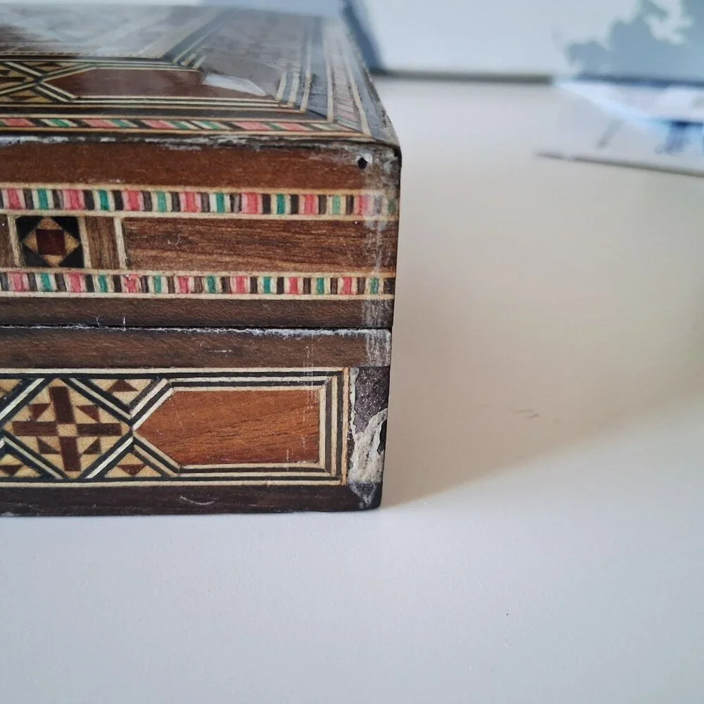 Vintage Handcrafted Wooden Inlaid Jewelry Box Mosaic Design Red Velvet Interior